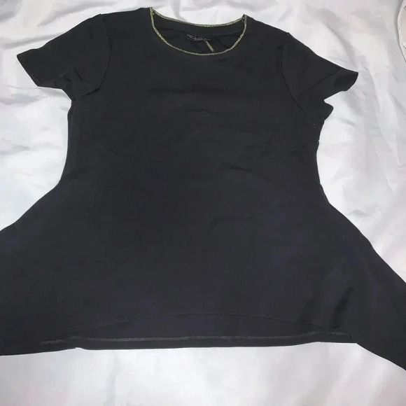 Donna Karen New York Size Medium Black Asymmetrical Style Top Gold Trim Neckline - Picture 1 of 6